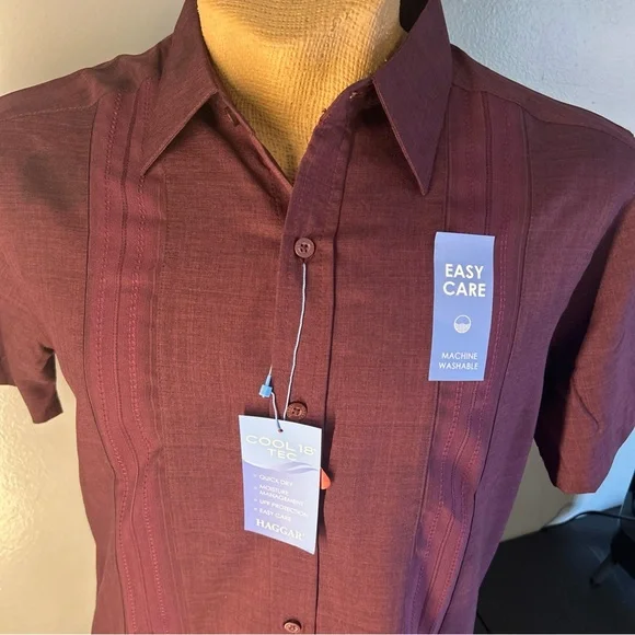Haggar Cool 18 Tec Mens Medium Button Down Short Sleeve Wine/Burgundy NEW - Picture 5 of 11